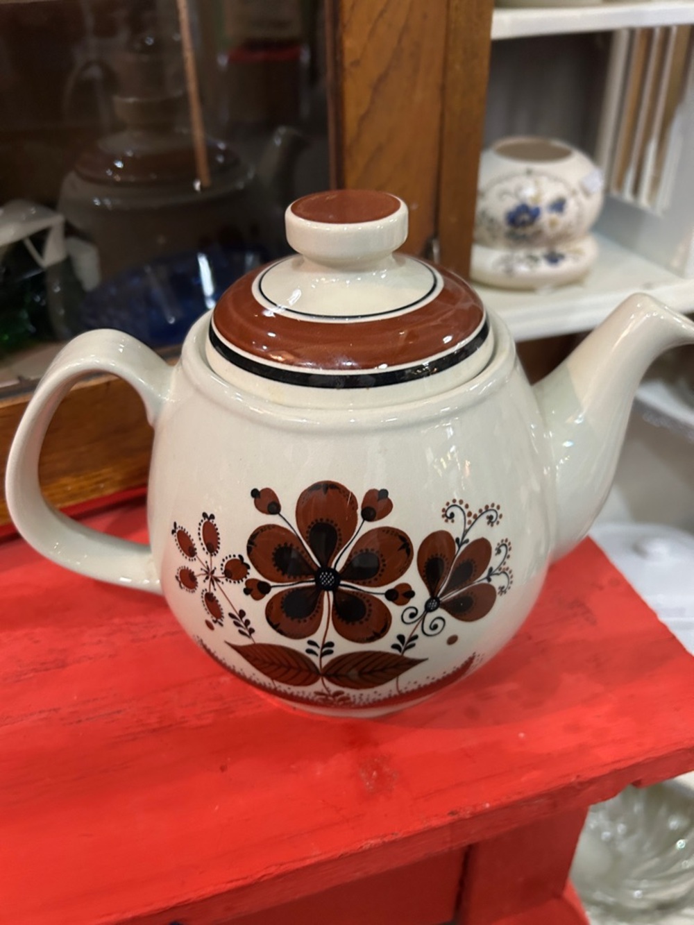 Figgjo White Ceramic Teapot with Brown Floral Design